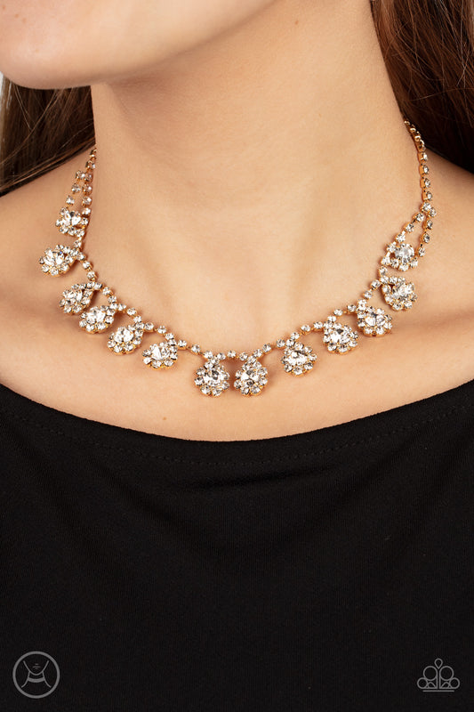 Princess Prominence Gold Choker Necklace - Paparazzi Accessories  A dainty strand of glittery white rhinestones encircle solitaire white rhinestones around the neck, creating a golden fringe. Features an adjustable clasp closure.  Sold as one individual choker necklace. Includes one pair of matching earrings.