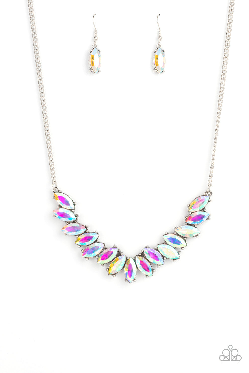 Galaxy Game-Changer Multi Necklace - Paparazzi Accessories  Featuring pronged silver fittings, a sparkly series of iridescent marquise cut rhinestones fan out below the collar for a stellar statement-making look. Features an adjustable clasp closure.  Sold as one individual necklace. Includes one pair of matching earrings.