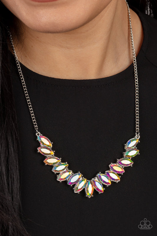 Galaxy Game-Changer Multi Necklace - Paparazzi Accessories  Featuring pronged silver fittings, a sparkly series of iridescent marquise cut rhinestones fan out below the collar for a stellar statement-making look. Features an adjustable clasp closure.  Sold as one individual necklace. Includes one pair of matching earrings.