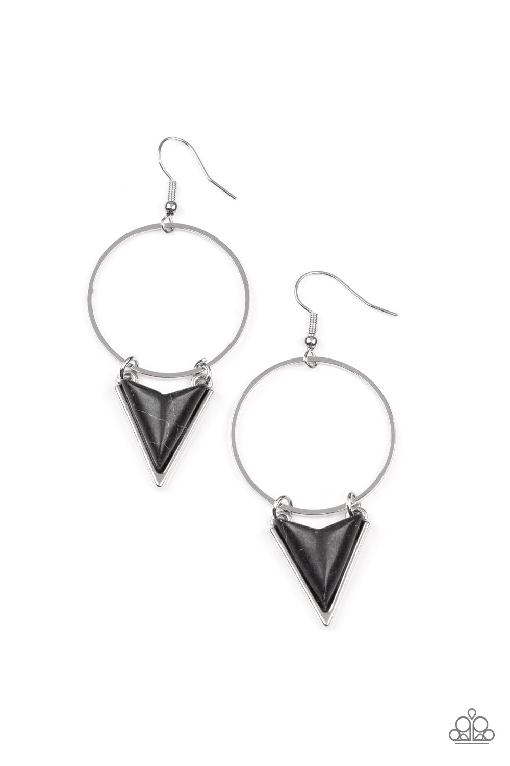 Sahara Shark Black Stone Earring - Paparazzi Accessories  Featuring a sleek silver fitting, a triangular cut black stone swings from the bottom of an airy silver hoop for an edgy seasonal look. Earring attaches to a standard fishhook fitting.  Sold as one pair of earrings.