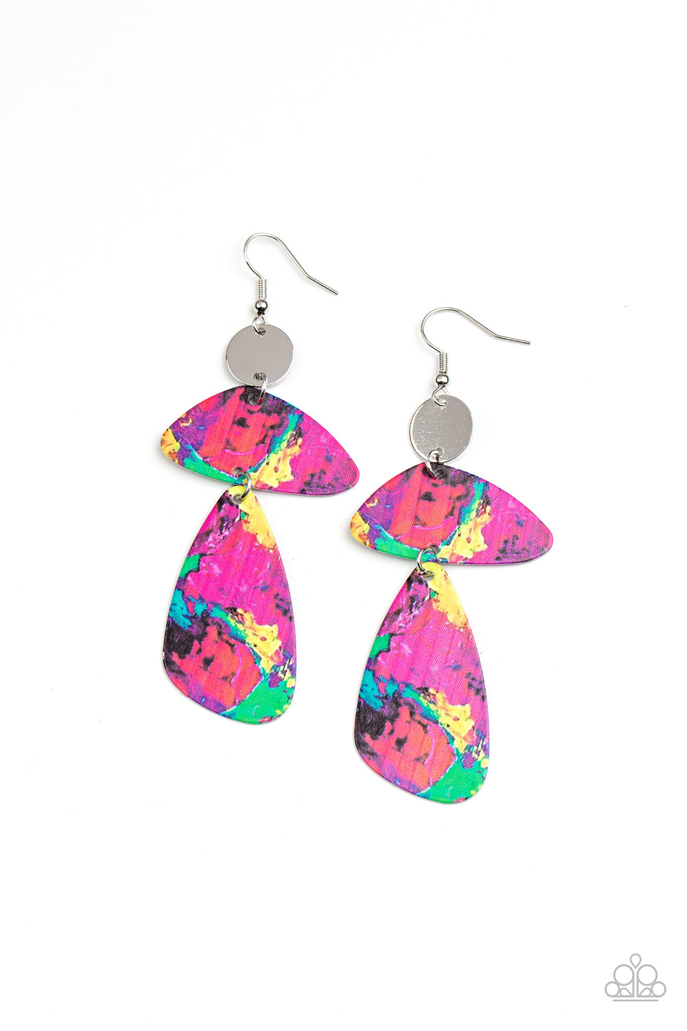 SWATCH Me Now Multi Earring - Paparazzi Accessories  Painted in abstract multicolored details, a pair of asymmetrical frames swing from the bottom of a dainty silver disc for an artsy look. Earring attaches to a standard fishhook fitting.  Sold as one pair of earrings.