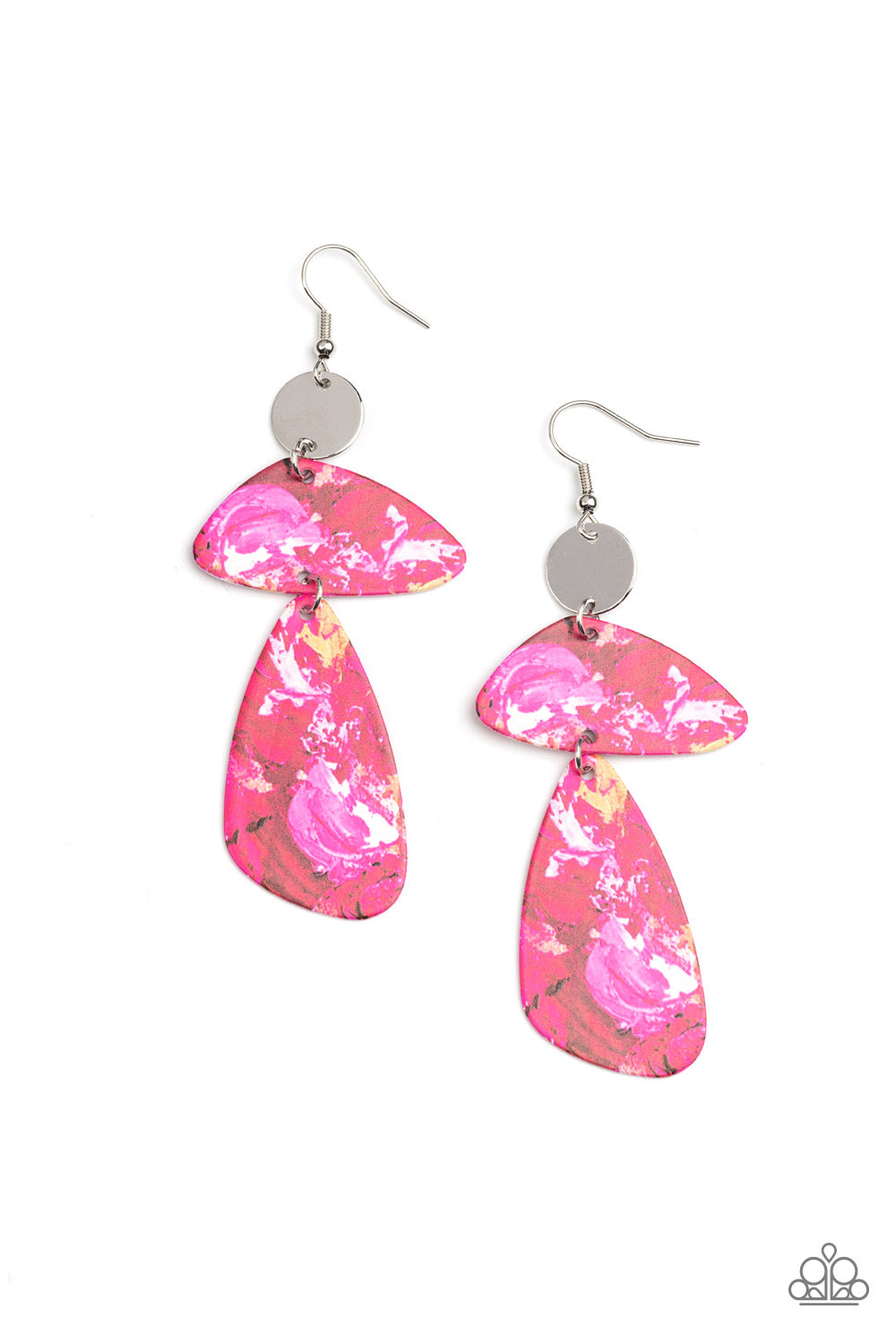 SWATCH Me Now Pink Earring - Paparazzi Accessories  Painted in abstract pink details, a pair of asymmetrical frames swing from the bottom of a dainty silver disc for an artsy look. Earring attaches to a standard fishhook fitting.  Sold as one pair of earrings.