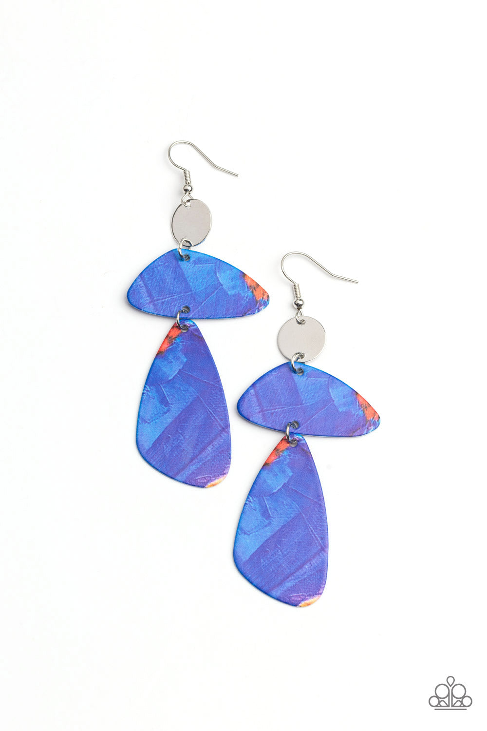 SWATCH Me Now Blue Earring - Paparazzi Accessories  Painted in abstract blue details, a pair of asymmetrical frames swing form the bottom of a dainty silver disc for an artsy look. Earring attaches to a standard fishhook fitting.  Sold as one pair of earrings.