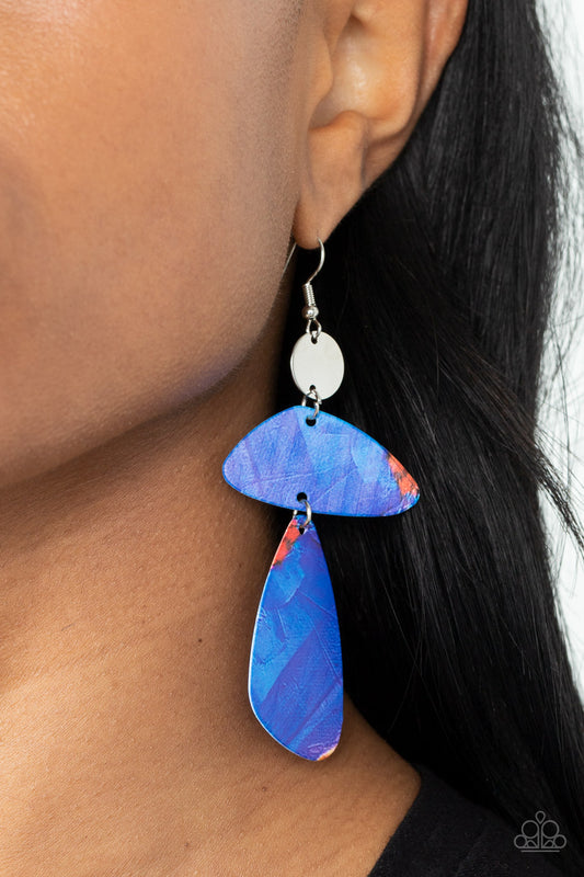 SWATCH Me Now Blue Earring - Paparazzi Accessories  Painted in abstract blue details, a pair of asymmetrical frames swing form the bottom of a dainty silver disc for an artsy look. Earring attaches to a standard fishhook fitting.  Sold as one pair of earrings.