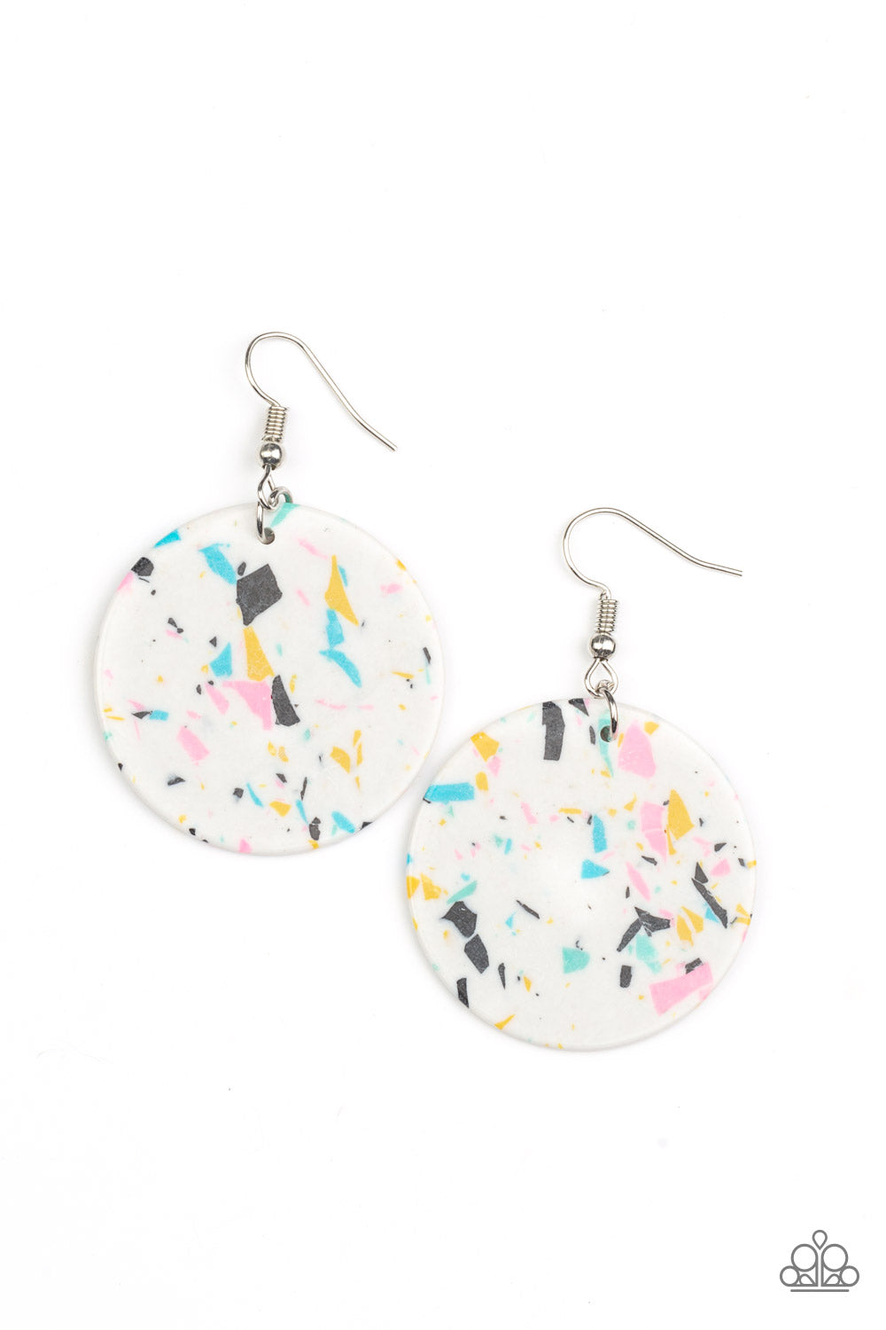 Tenaciously Terrazzo White Earring - Paparazzi Accessories  Featuring a colorful terrazzo finish, a faux white stone disc swings from the ear for a modern look. Earring attaches to a standard fishhook fitting.  Sold as one pair of earrings.