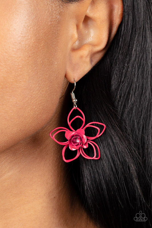 Botanical Bonanza Pink Flower Earring - Paparazzi Accessories  A dainty Fuchsia Fedora rosebud blooms from the center of a layered Fuchsia Fedora wire flower, creating a colorful floral frame. Earring attaches to a standard fishhook fitting.  Sold as one pair of earrings.