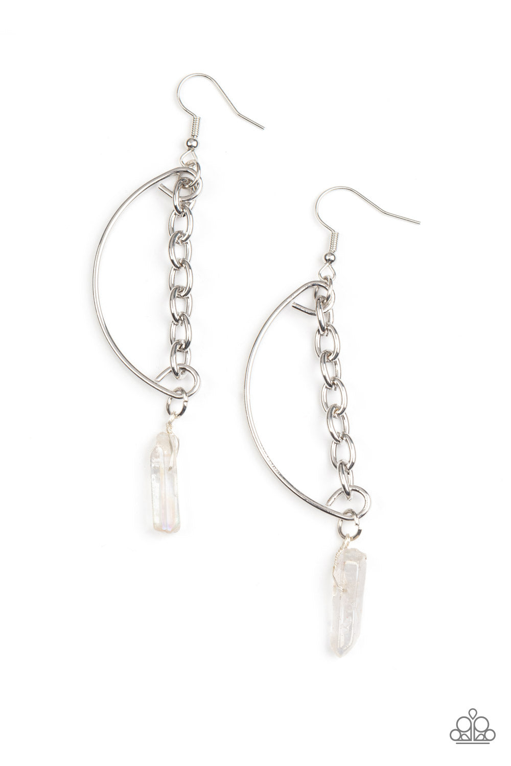 Yin to My Yang White Earring - Paparazzi Accessories  Featuring an iridescent finish, a glassy crystal-like bead swings from the bottom of a solitaire silver chain that attaches to a bowing silver bar for an edgy look. Earring attaches to a standard fishhook fitting. As the stone elements in this piece are natural, some color variation is normal.  Sold as one pair of earrings.