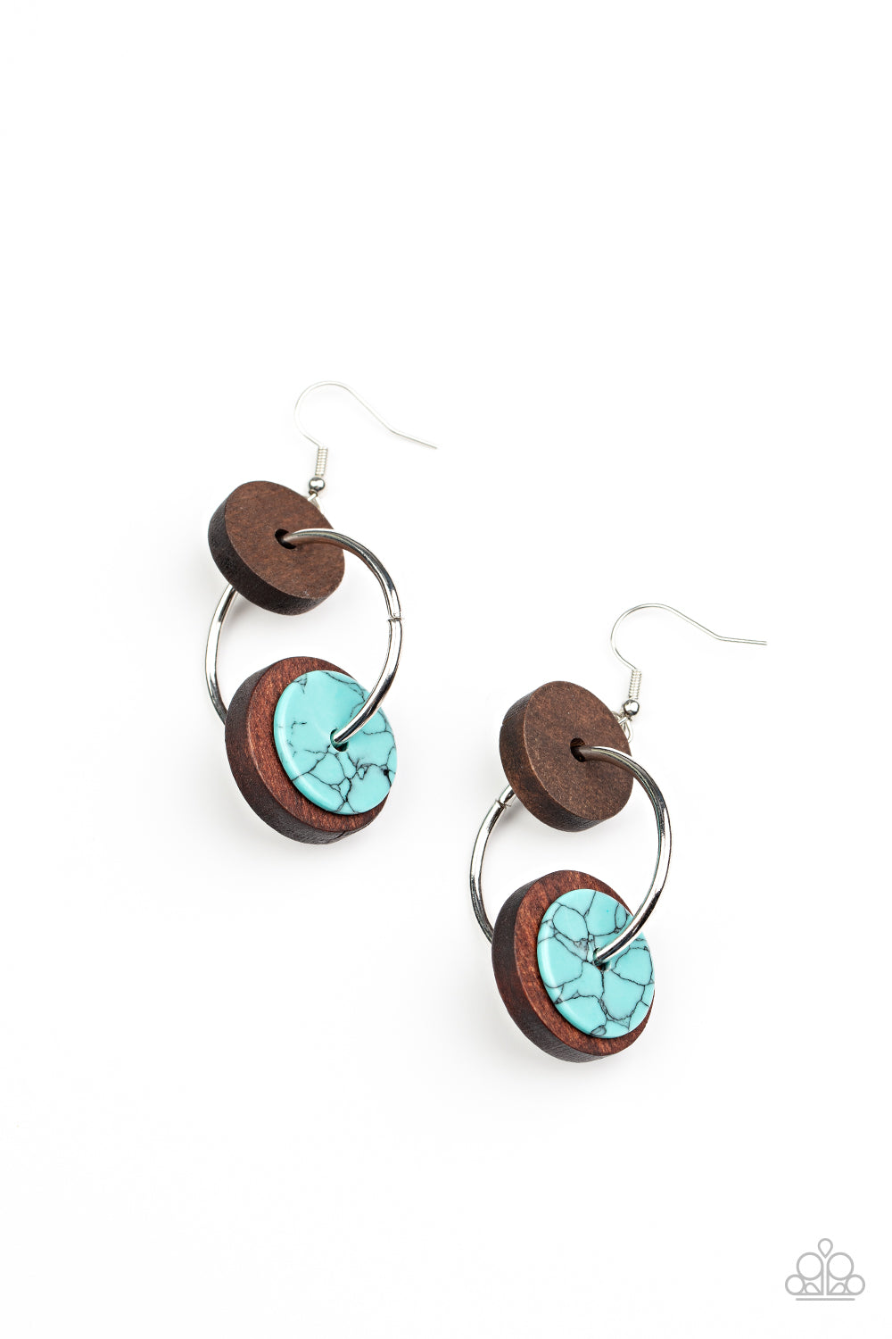 Artisanal Aesthetic Blue Earring - Paparazzi Accessories  An earthy collection of brown wood and turquoise stone discs are threaded along a silver hoop, linking into a trendy lure for an artisan inspired fashion. Earring attaches to a standard fishhook fitting.  Sold as one pair of earrings.