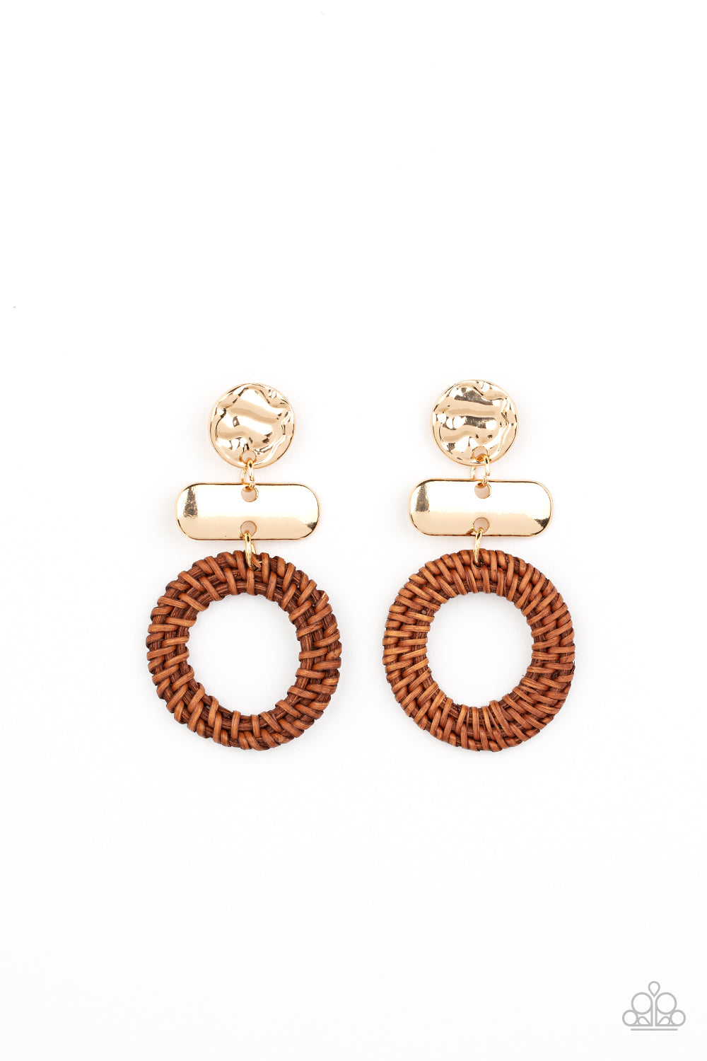 Woven Whimsicality Gold Earring - Paparazzi Accessories  A brown wicker-like hoop swings from the bottom of mismatched stacked gold frames, creating an earthy display. Earring attaches to a standard post fitting.  Sold as one pair of post earrings.