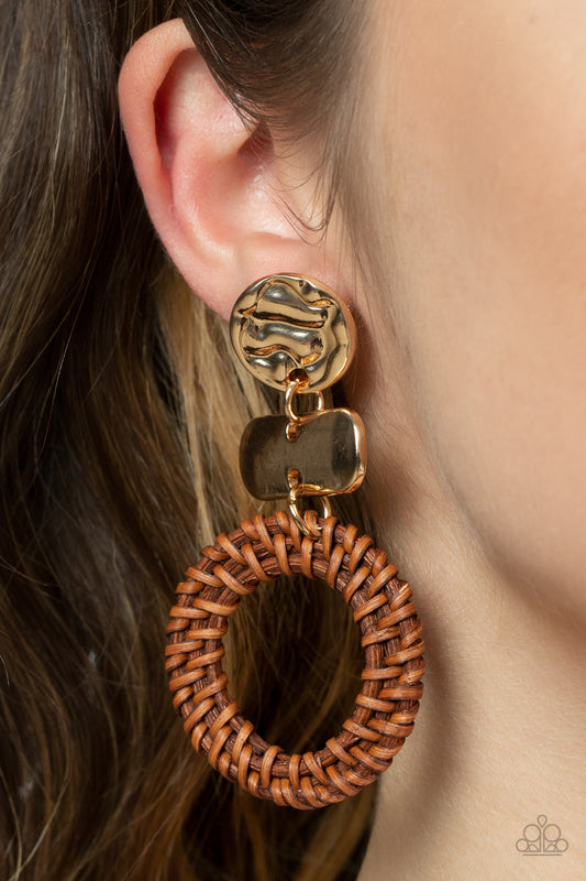 Woven Whimsicality Gold Earring - Paparazzi Accessories  A brown wicker-like hoop swings from the bottom of mismatched stacked gold frames, creating an earthy display. Earring attaches to a standard post fitting.  Sold as one pair of post earrings.
