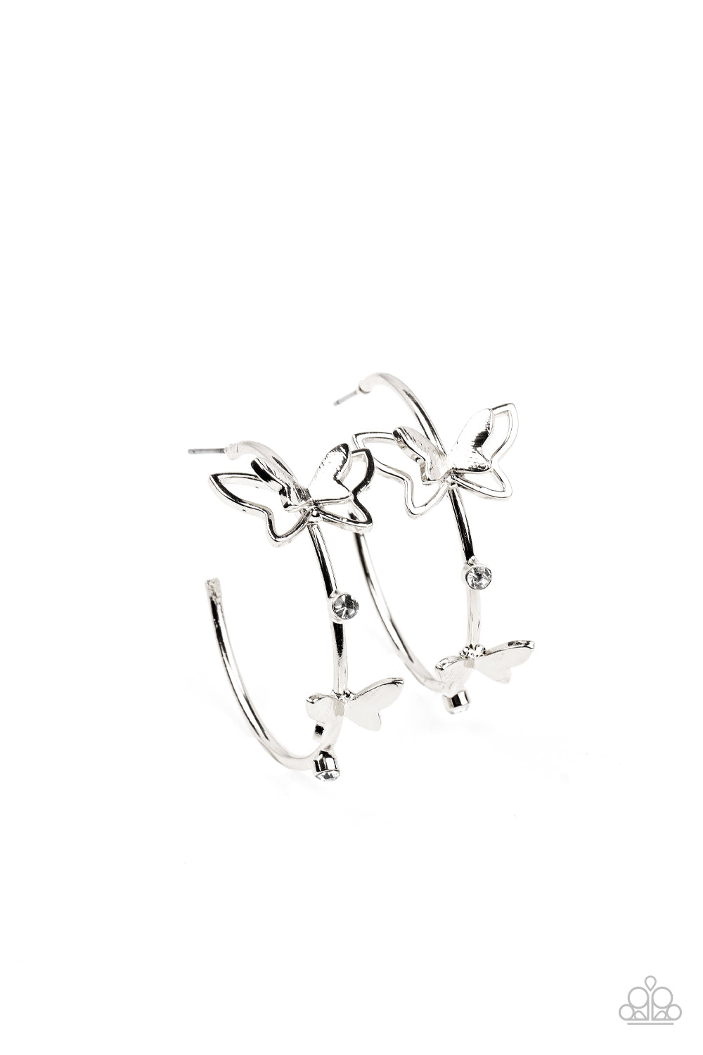 Full Out Flutter White Hoop Earring - Paparazzi Accessories  A pair of dainty silver butterflies flutter atop a glistening silver hoop dotted with dainty white rhinestones, creating a whimsical sight. Earring attaches to a standard post fitting. Hoop measures approximately 1 1/2" in diameter.  Sold as one pair of hoop earrings.