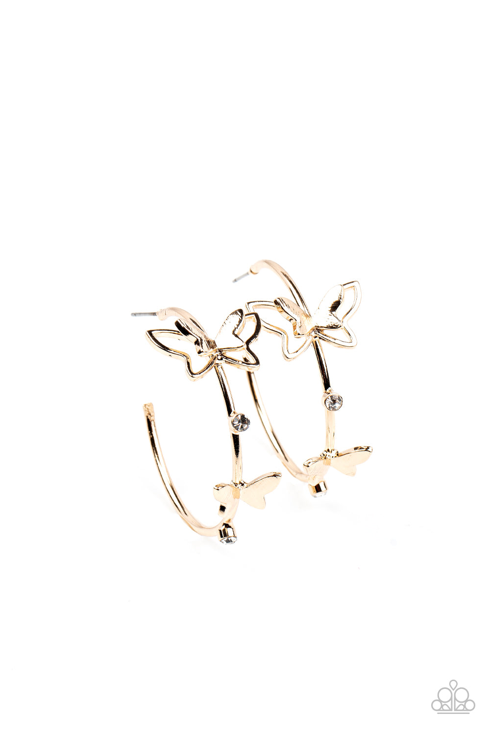 Full Out Flutter Gold Earring - Paparazzi Accessories  A pair of dainty gold butterflies flutter atop a glistening gold hoop dotted with dainty white rhinestones, creating a whimsical sight. Earring attaches to a standard post fitting. Hoop measures approximately 1 1/2" in diameter.  Sold as one pair of hoop earrings.