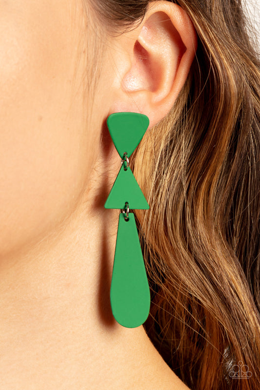 Retro Redux Green Post Earring - Paparazzi Accessories  Featuring a matte Leprechaun finish, two triangles and an oval frame delicately links into a colorfully retro lure. Earring attaches to a standard post fitting.  Sold as one pair of post earrings.