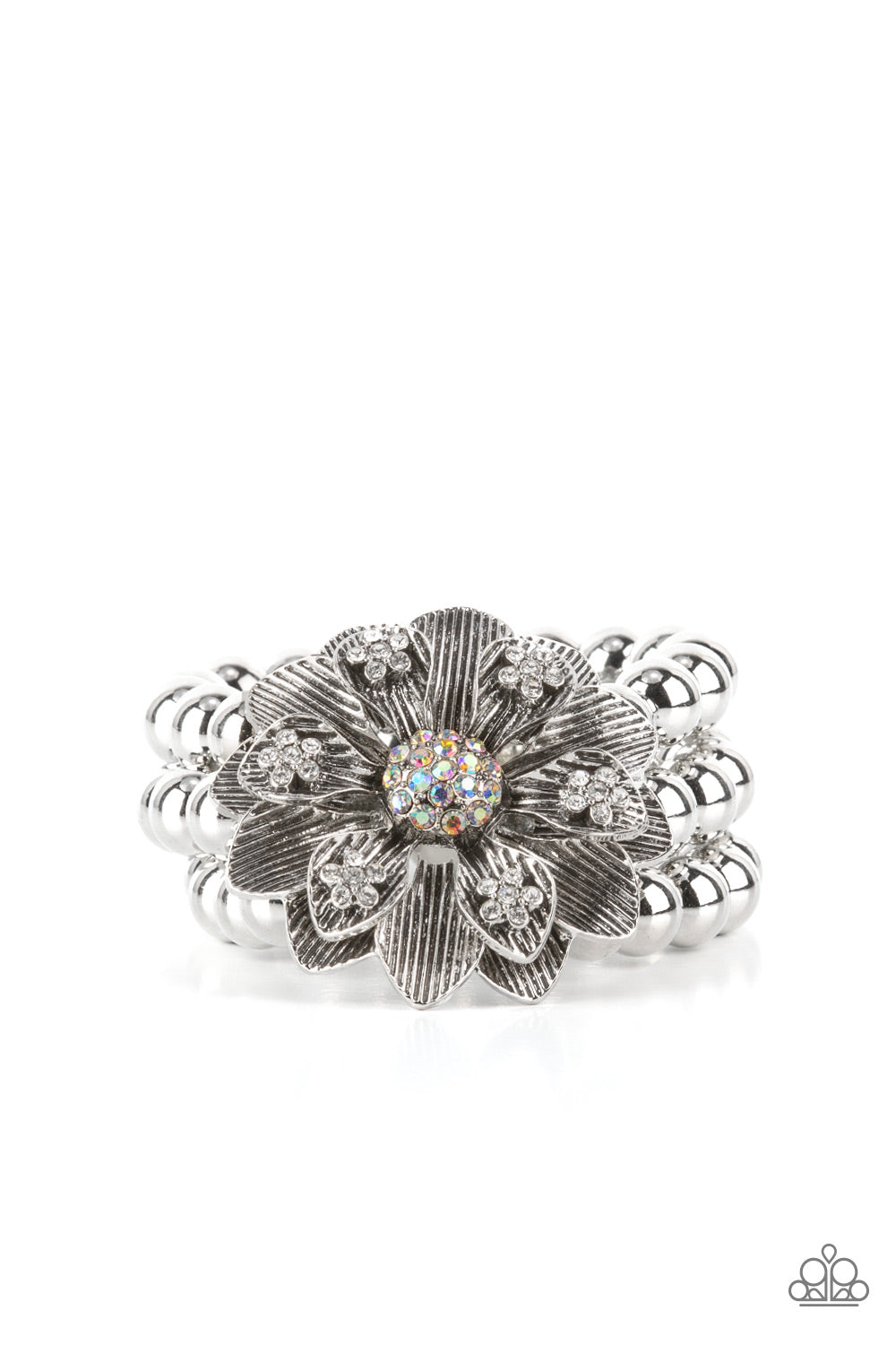 Botanical Bravado Multi Bracelet - Paparazzi Accessories  A daring oversized silver flower is composed of petals lined in antiqued silver and dotted with glistening dainty white rhinestones. A sphere of dainty iridescent rhinestones creates the center of the flower as it sits atop a trio of shiny silver beaded stretchy bands around the wrist for a dramatically whimsical look.  Sold as one individual bracelet.