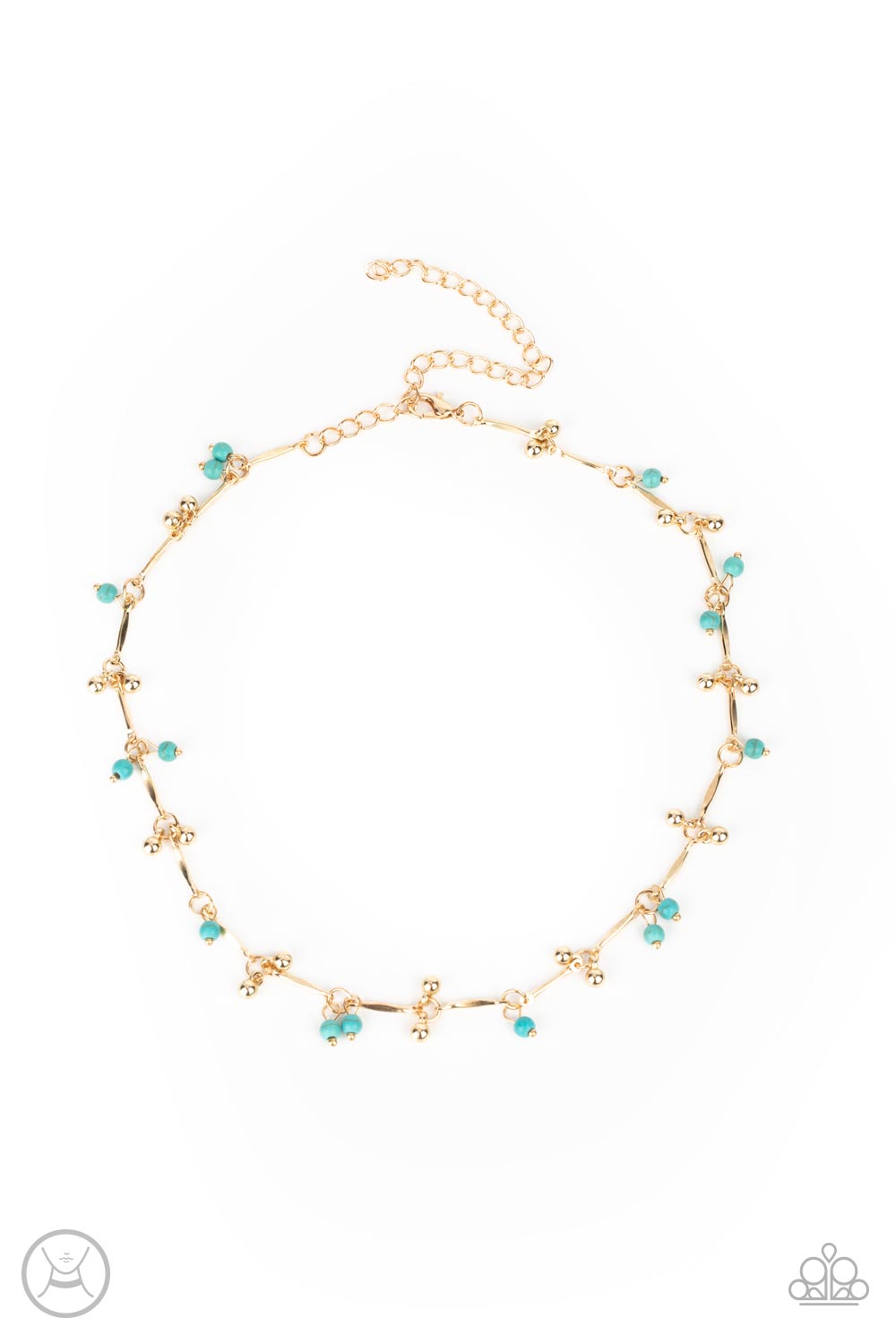 Sahara Social Gold Choker Necklace - Paparazzi Accessories  Pairs of dainty gold beads and turquoise stone beads dangle between faceted gold bars that interconnect around the neck, creating an earthy fringe. Features an adjustable clasp closure.  Sold as one individual choker necklace. Includes one pair of matching earrings.