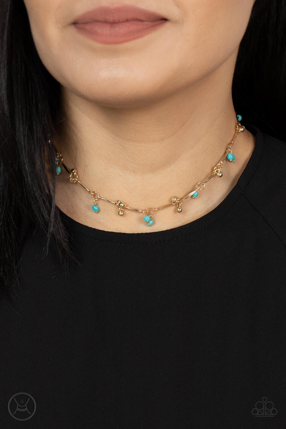 Sahara Social Gold Choker Necklace - Paparazzi Accessories  Pairs of dainty gold beads and turquoise stone beads dangle between faceted gold bars that interconnect around the neck, creating an earthy fringe. Features an adjustable clasp closure.  Sold as one individual choker necklace. Includes one pair of matching earrings.