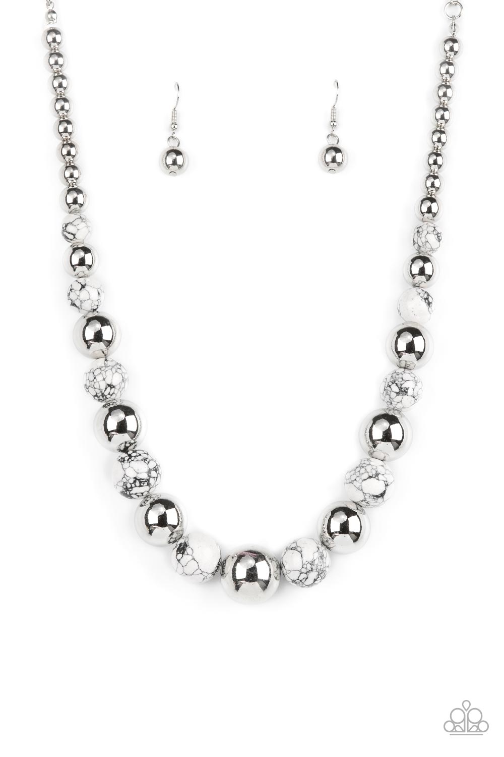 Stone Age Adventurer White Necklace - Paparazzi Accessories  Featuring a white and black marble finish, an earthy collection of faux stone and classic silver beads gradually increase in size as they alternate below the collar for a statement-making look. Features an adjustable clasp closure.  Sold as one individual necklace. Includes one pair of matching earrings.
