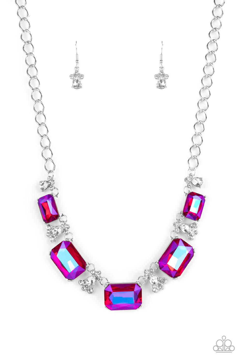 Flawlessly Famous Pink Necklace - Paparazzi Accessories  Featuring a stellar UV finish, an oversized collection of emerald cut pink rhinestones link with white rhinestone dotted teardrop rhinestone frames below the collar for a jaw-dropping display. Features an adjustable clasp closure.  Sold as one individual necklace. Includes one pair of matching earrings.