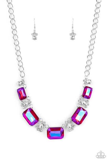 Flawlessly Famous Pink Necklace - Paparazzi Accessories  Featuring a stellar UV finish, an oversized collection of emerald cut pink rhinestones link with white rhinestone dotted teardrop rhinestone frames below the collar for a jaw-dropping display. Features an adjustable clasp closure.  Sold as one individual necklace. Includes one pair of matching earrings.