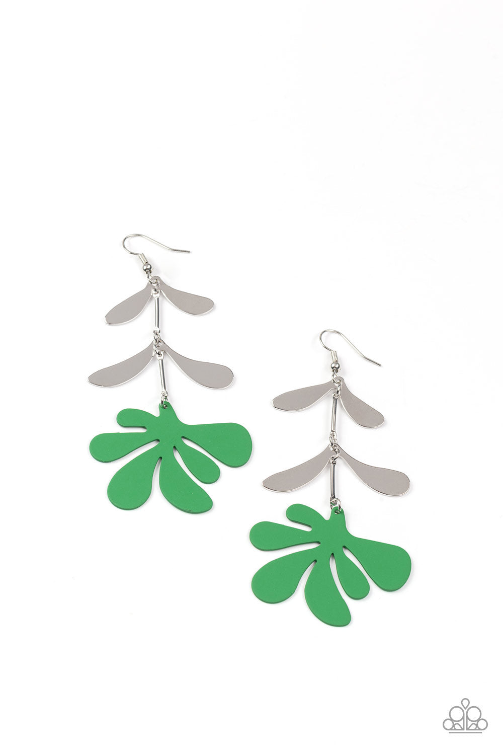 Palm Beach Bonanza Green Earring - Paparazzi Accessories  Painted in the lively Pantone® of Leprechaun, a fun metal palm leaf cut-out sways below two fanciful silver leaves separated by simple silver rods for a whimsical lure. Earring attaches to a standard fishhook fitting.  Sold as one pair of earrings.