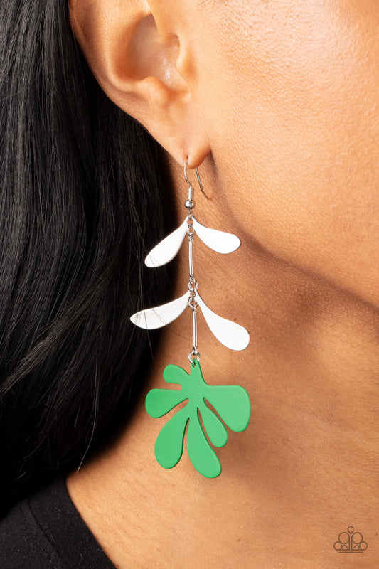 Palm Beach Bonanza Green Earring - Paparazzi Accessories  Painted in the lively Pantone® of Leprechaun, a fun metal palm leaf cut-out sways below two fanciful silver leaves separated by simple silver rods for a whimsical lure. Earring attaches to a standard fishhook fitting.  Sold as one pair of earrings.