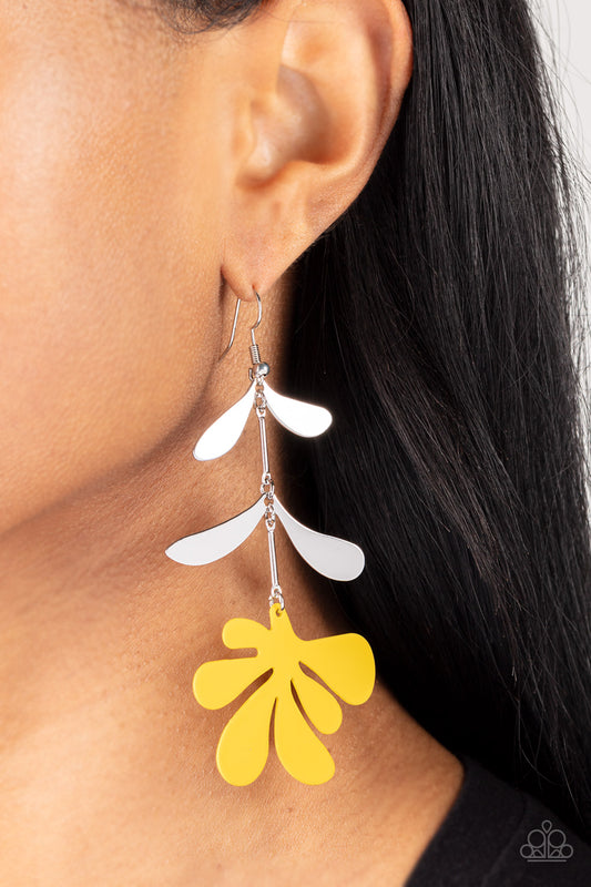 Palm Beach Bonanza Yellow Earring - Paparazzi Accessories  Painted in the lively Pantone® of Primrose, a fun metal palm leaf cut-out sways below two fanciful silver leaves separated by simple silver rods for a whimsical lure. Earring attaches to a standard fishhook fitting.  Sold as one pair of earrings.