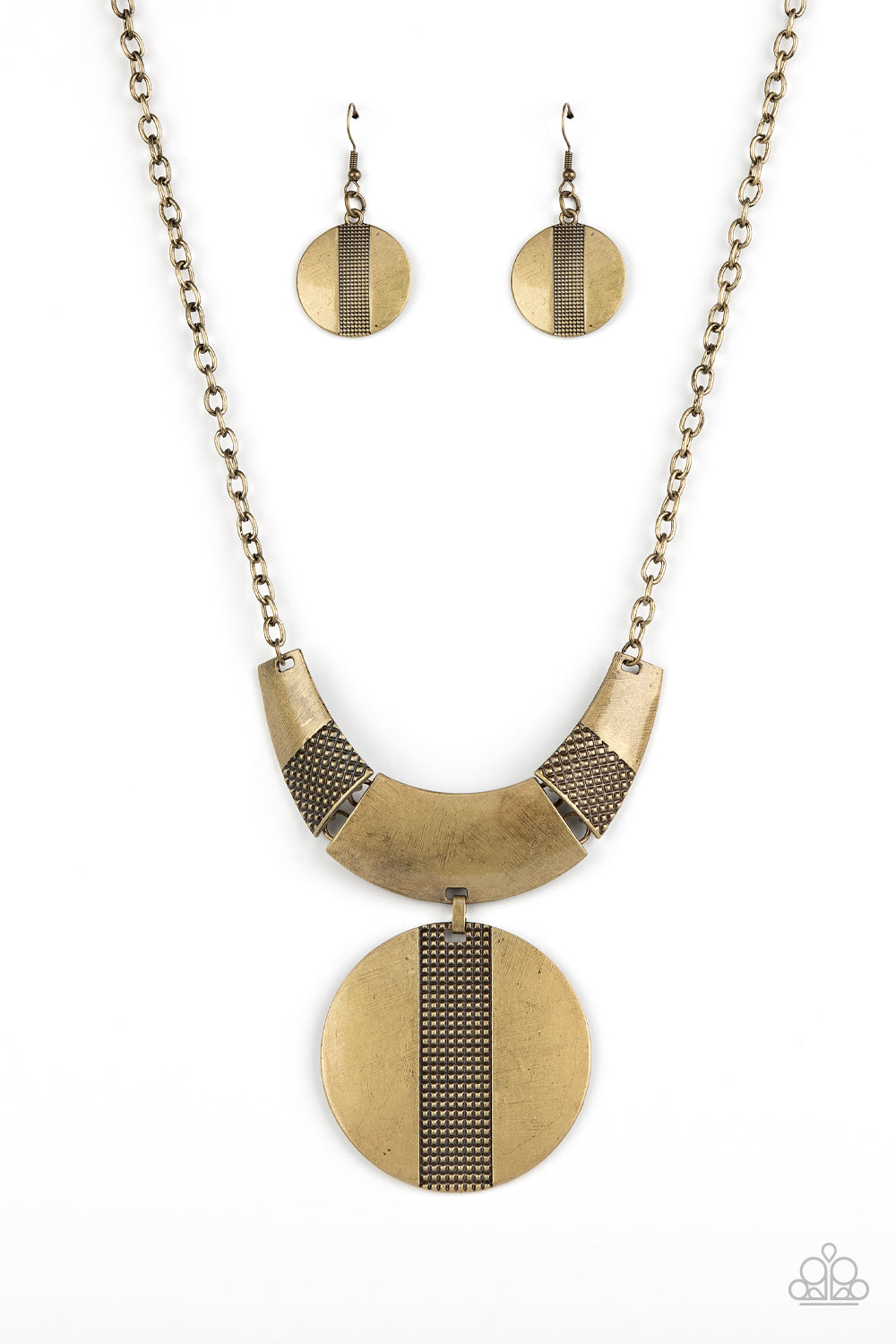 Metallic Enchantress Brass Necklace - Paparazzi Accessories  Three wide, curved brass bars, stamped in studded textured accents, connect to a brass chain across the collar. A substantial brass disc, divided down the center with texture, swings from the bottom resulting in an edgy modern finish. Features an adjustable clasp closure.  Sold as one individual necklace. Includes one pair of matching earrings.