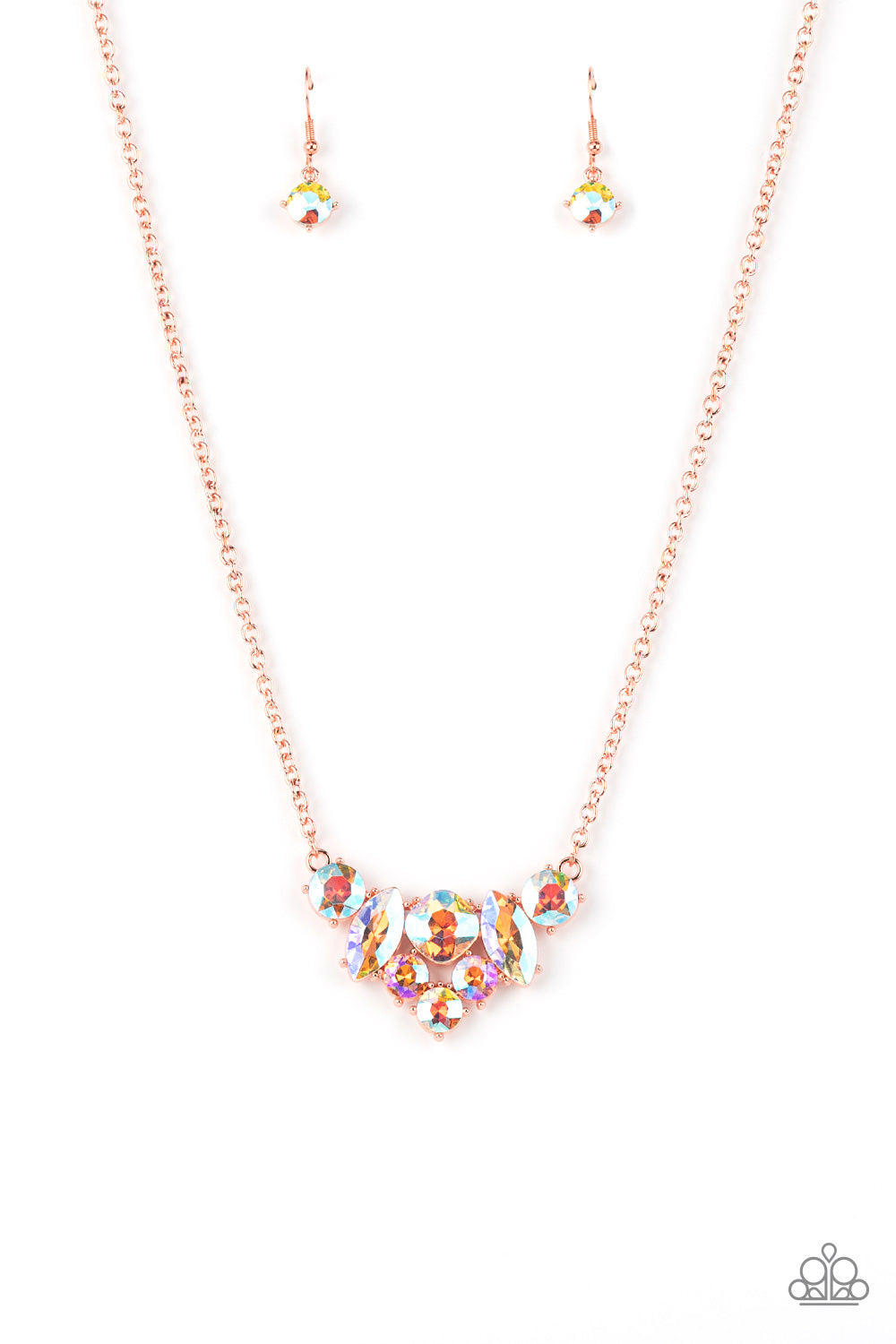 Lavishly Loaded Copper Necklace - Paparazzi Accessories  A glittering collection of marquise and round peach-colored gems encased in studded copper fittings, coalesce into a lavish frame that gives way to a classic shiny copper chain resulting in a glamorous finish below the collar. Features an adjustable clasp closure.  All Paparazzi Accessories are lead free and nickel free!  Sold as one individual necklace. Includes one pair of matching earrings.