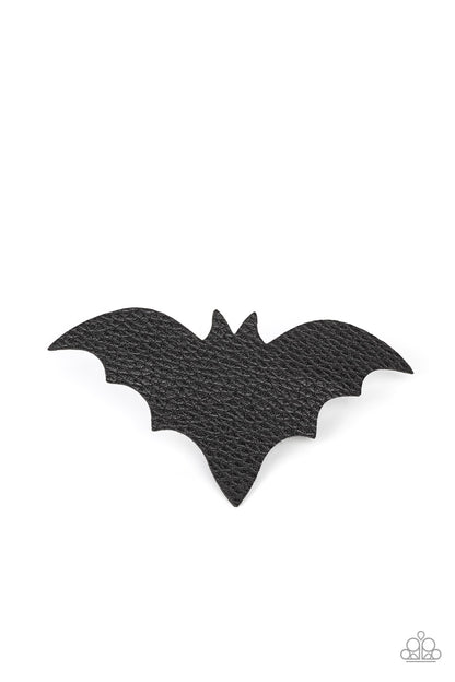 BAT to the Bone Black Hair Clip - Paparazzi Accessories  A black leather bat silhouette seemingly takes flight as it sits atop a silver clip creating an eerie illusion. Features a standard hair clip on the back.  Sold as one individual hair clip.