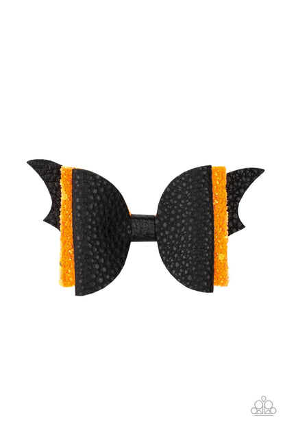 SPOOK-taculer, SPOOK-taculer Black Hair Clip - Paparazzi Accessories  A soft black leather bow and a sparkling bright orange bow pair up to create a SPOOK-tacular impact over the silhouette of black bat wings. Features a standard hair clip on the back.  All Paparazzi Accessories are lead free and nickel free!  Sold as one individual hair clip.