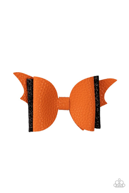 SPOOK-taculer, SPOOK-taculer Orange Hair Clip - Paparazzi Accessories  A soft orange leather bow and a sparkling black bow pair up to create a SPOOK-tacular impact over the silhouette of orange bat wings. Features a standard hair clip on the back.  All Paparazzi Accessories are lead free and nickel free!  Sold as one individual hair clip.