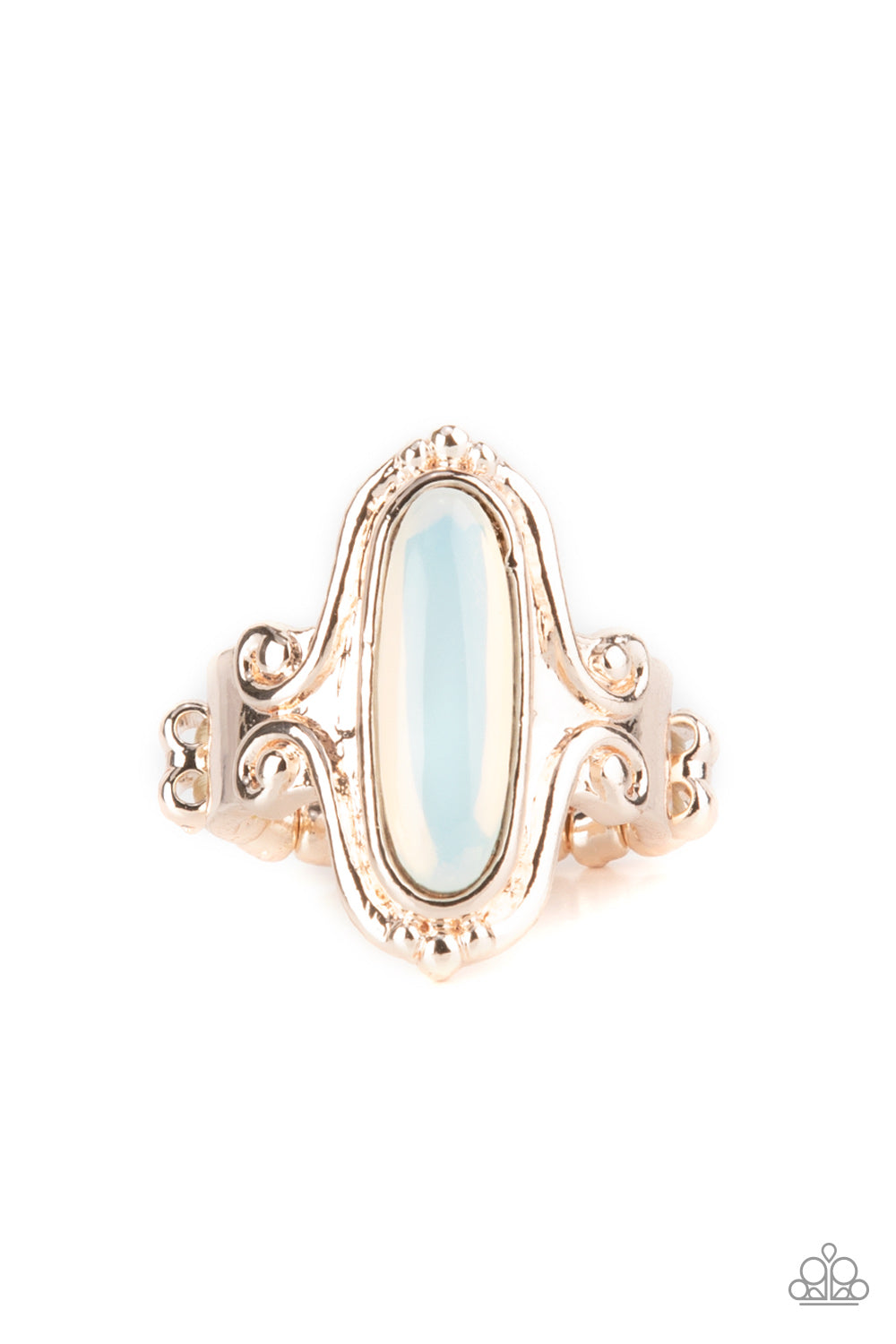 Timelessly Transcendent Rose Gold Ring - Paparazzi Accessories  An elongated dewy white opal is nestled inside an ornately swirled rose gold frame resulting in a timeless allure atop the finger. Features a dainty stretchy band for a flexible fit.  Sold as one individual ring.