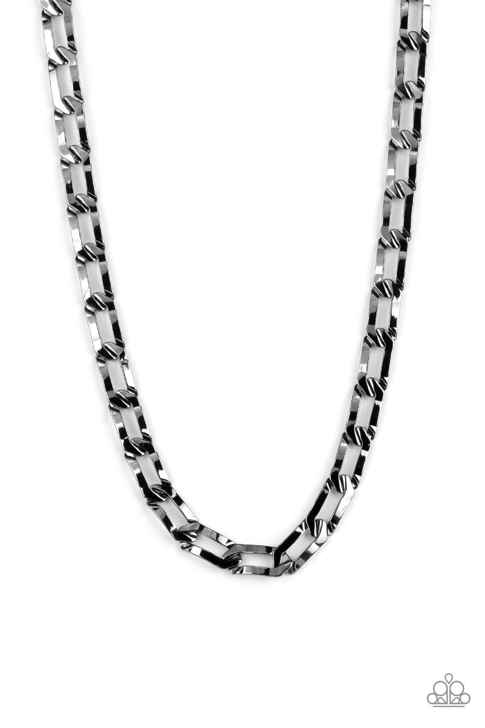 Full-Court Press Black Urban Necklace - Paparazzi Accessories  Crimped gunmetal oval links boldly interconnect across the chest, creating a classic urban look. Features an adjustable clasp closure.  All Paparazzi Accessories are lead free and nickel free!  Sold as one individual necklace.