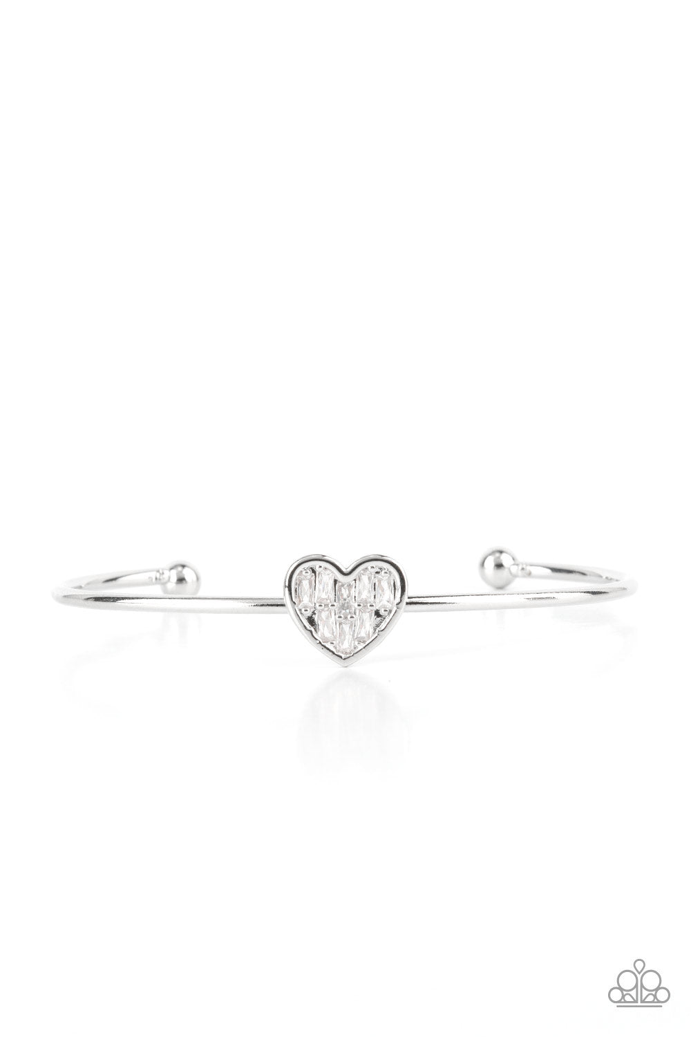 Heart of Ice White Cuff Bracelet - Paparazzi Accessories  Brimming with dainty emerald-cut white rhinestones, a simple silver heart frame sits atop a classic silver bar curved into a simple cuff bracelet for a whimsical display across the wrist.  Sold as one individual bracelet.