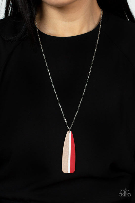 Grab a Paddle Red Necklace - Paparazzi Accessories  Featuring a classic linear design of red, white, and natural wood, a whimsical paddle creates a splashing pendant at the bottom of a lengthened dainty silver chain. Features an adjustable clasp closure.  Sold as one individual necklace. Includes one pair of matching earrings.