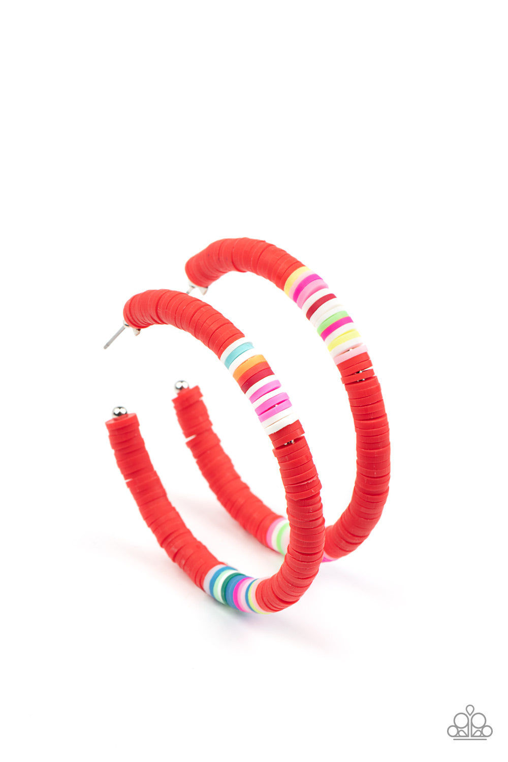 Colorfully Contagious Red Hoop Earring - Paparazzi Accessories  Rubbery red, blue, green, pink, orange, yellow, and white bands are threaded along an oversized silver hoop, creating a courageous pop of color. Earring attaches to a standard post fitting. Hoop measures approximately 2 1/4" in diameter.  Sold as one pair of hoop earrings.