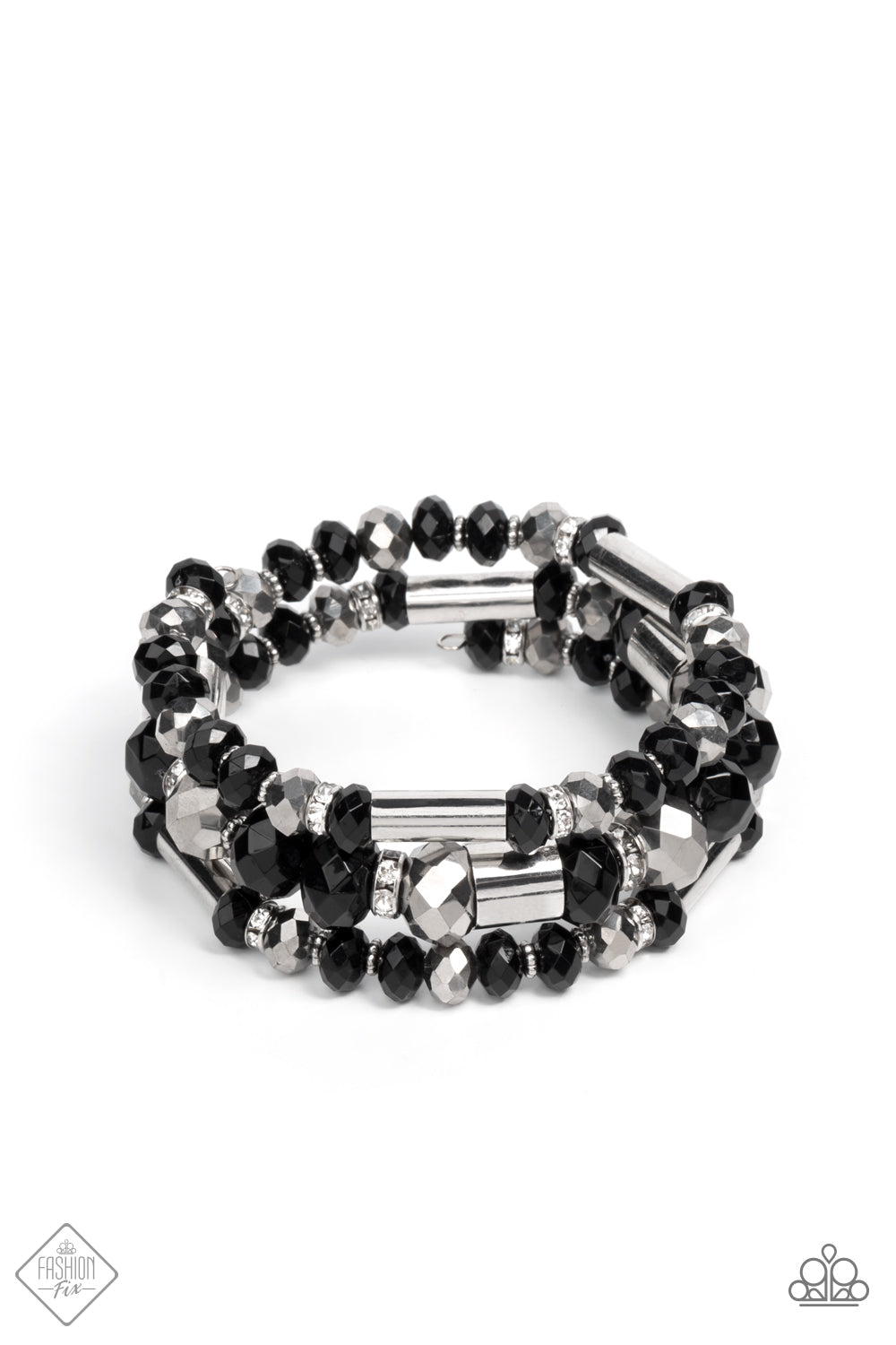 Dynamic Dazzle Black Coil Bracelet - Paparazzi Accessories  Stacks of black and silver faceted beads, interspersed with silver cylindrical accents and rhinestone-encrusted beads, are threaded along an infinity wrap-style bracelet making an intensely dynamic statement around the wrist.  Sold as one individual bracelet.