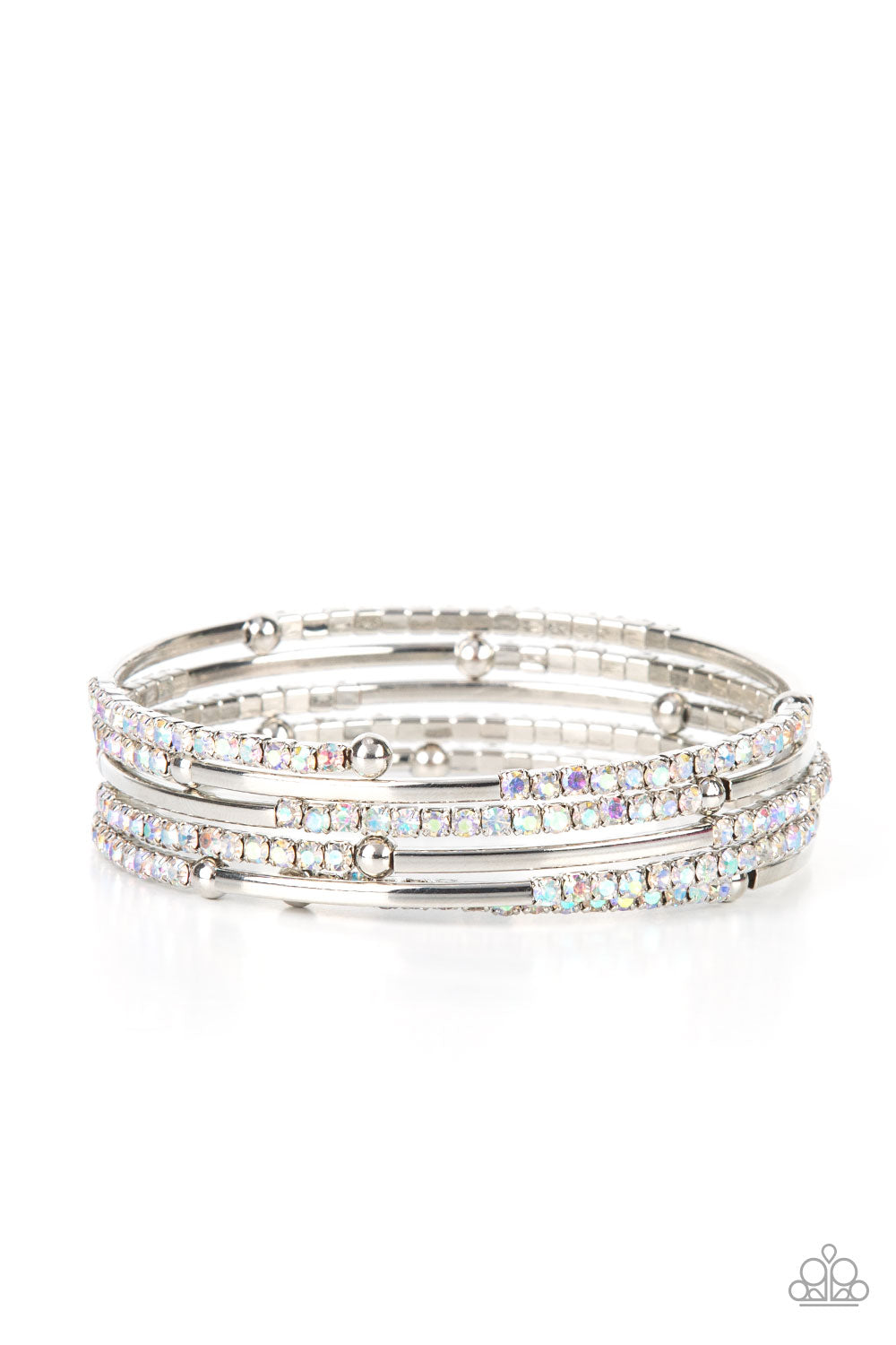 Camera Shy Simmer Multi Iridescent Bracelet - Paparazzi Accessories  A dainty infinity style bracelet is infused with glittery rows of iridescent rhinestones and curving silver frames, creating simmering layers around the wrist.  All Paparazzi Accessories are lead free and nickel free!  Sold as one individual bracelet.