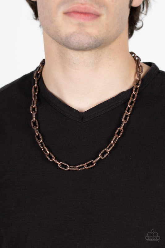 Rural Recruit Copper Urban Necklace - Paparazzi Accessories  Featuring gritty texture, an oversized copper chain drapes below the collar for an edgy urban look. Features an adjustable clasp closure.  Sold as one individual necklace.  Get The Complete Look! Bracelet: "Industrial Infantry - Copper" (Sold Separately)