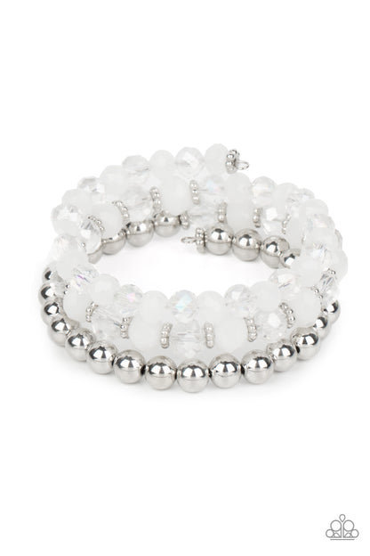 Gimme Gimme White Bracelet - Paparazzi Accessories  Sections of shiny silver beads and an alternating pattern of opaque and glittery white rhinestone gems gradually increase in size along a coiled wire, creating a jaw-dropping infinity wrap bracelet around the wrist.  Sold as one individual bracelet.