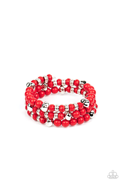 Vibrant Verve Red Bracelet - Paparazzi Accessories  Featuring smooth, textured, and faceted finishes, a mismatched collection of fiery red and shiny silver beads are threaded along a coiled wire, creating a vivacious wire wrap bracelet around the wrist.  Sold as one individual bracelet.