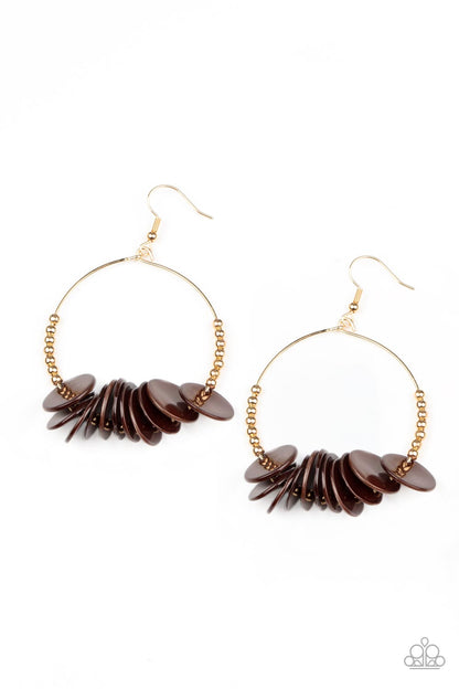 Caribbean Cocktail Brown Earring - Paparazzi Accessories  Shiny brown shell-like discs alternate with dainty gold beads around a petite circular gold wire frame for a touch of Caribbean charisma. Earring attaches to a standard fishhook fitting.  Sold as one pair of earrings.