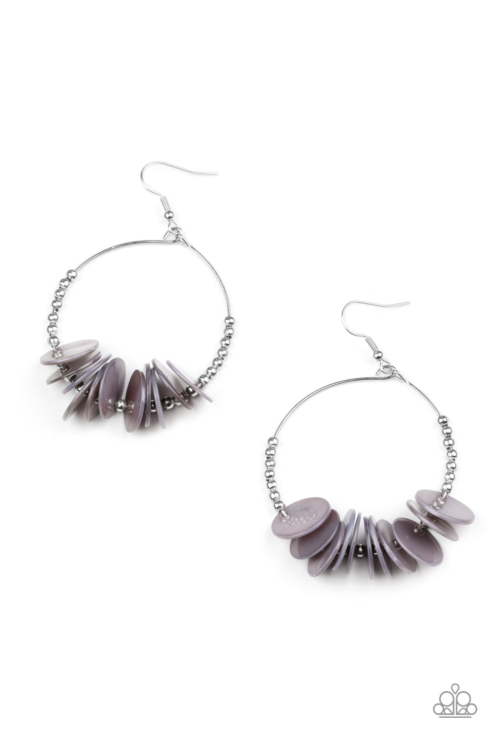 Caribbean Cocktail Silver Earring - Paparazzi Accessories  Shiny silver shell-like discs alternate with dainty silver beads around a petite circular silver wire frame for a touch of Caribbean charisma. Earring attaches to a standard fishhook fitting.  Sold as one pair of earrings.