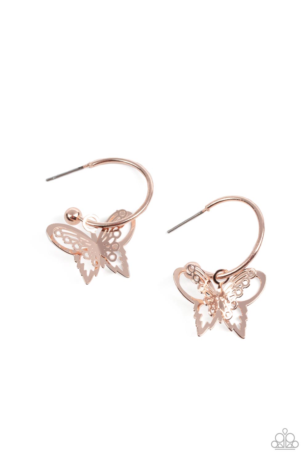 Butterfly Freestyle Rose Gold Hoop Earring - Paparazzi Accessories   An airy rose gold butterfly charm glides along a dainty rose gold hoop, creating a fluttering fashion. Earring attaches to a post fitting. Hoop measures approximately 3/4" in diameter.  Sold as one pair of hoop earrings.