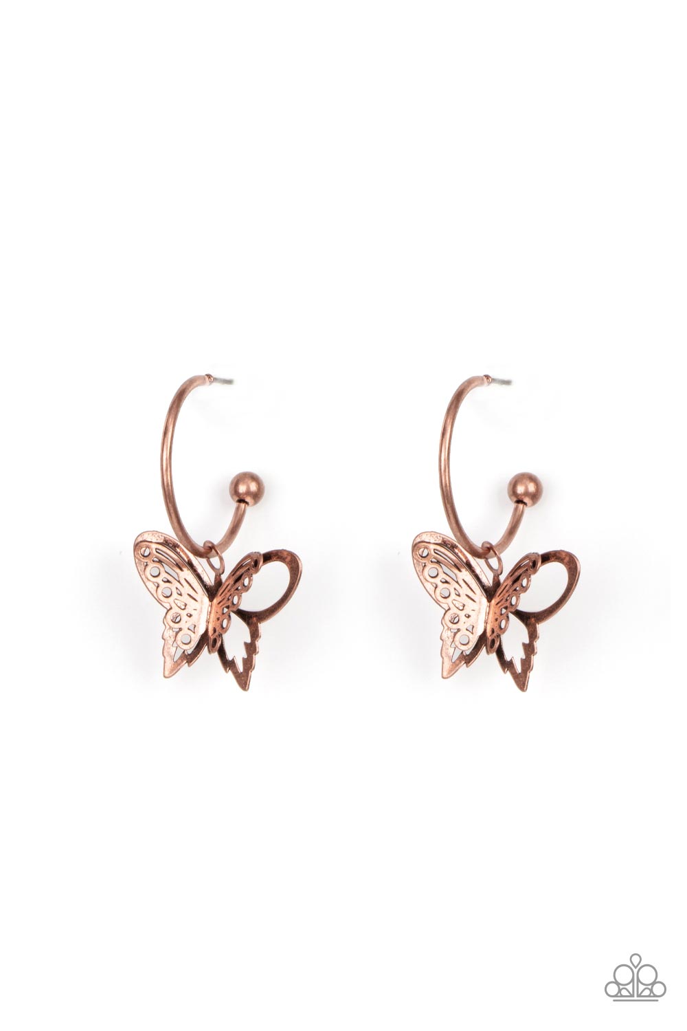Butterfly Freestyle Copper Earring - Paparazzi Accessories  An airy copper butterfly charm glides along a dainty copper hoop, creating a fluttering fashion. Earring attaches to a post fitting. Hoop measures approximately 3/4" in diameter.  Sold as one pair of hoop earrings.