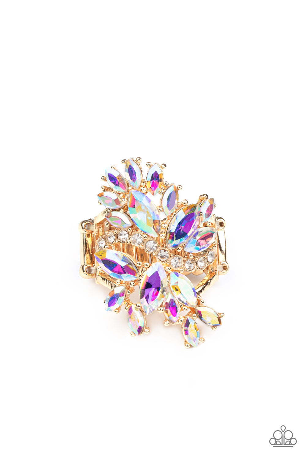 Flauntable Flare Gold Ring - Paparazzi Accessories  An explosion of iridescent marquise cut rhinestones flare out from a wavy band of dainty white rhinestones, creating a glamorously golden centerpiece atop the finger. Features an adjustable clasp closure.  Sold as one individual ring.