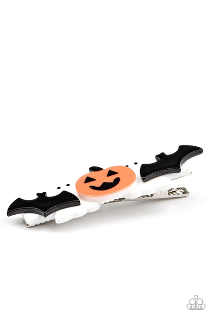 Youre So BOO-tiful Multi Hair Clip - Paparazzi Accessories  Pairs of black bats and white ghosts flank a spooky pumpkin, creating a SPOOK-tacular centerpiece. Features a standard hair clip on the back.  All Paparazzi Accessories are lead free and nickel free!  Sold as one individual hair clip.