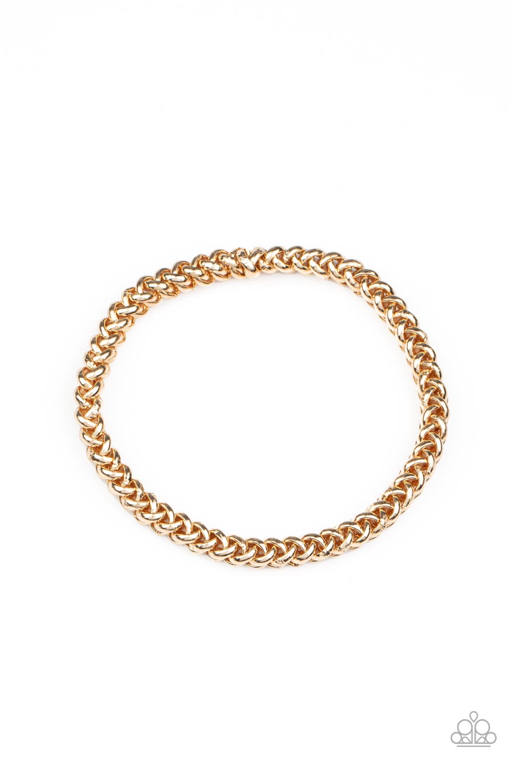 Setting The Pace Gold Unisex Stretch Bracelet - Paparazzi Accessories  Featuring round links, a gold chain is threaded along a stretchy band around the wrist for a classic urban look.  Sold as one individual bracelet.