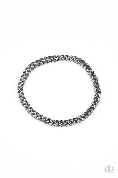 Setting The Pace Black Urban Bracelet - Paparazzi Accessories  Featuring round links, a gunmetal chain is threaded along a stretchy band around the wrist for a classic urban look.  Sold as one individual bracelet.