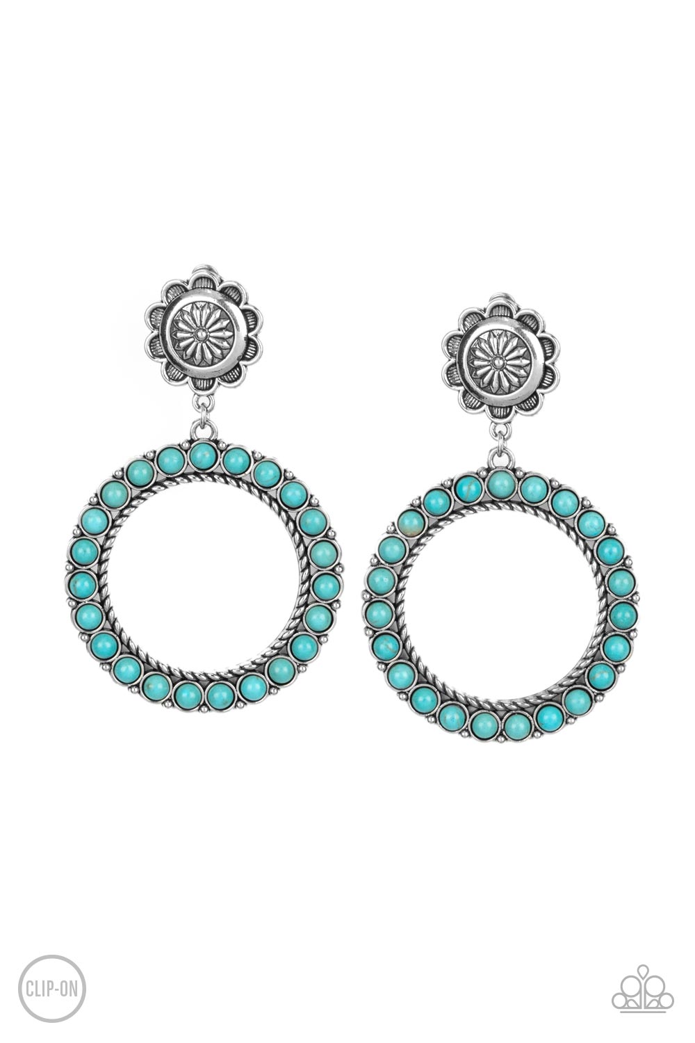 Playfully Prairie - Blue Item #P5CO-BLXX-056XX Featuring studded and twisted rope-like silver accents, a turquoise stone dotted hoop swings from the bottom of a rustic silver flower for a whimsically floral fashion. Earring attaches to a standard clip-on fitting.  Sold as one pair of clip-on earrings.